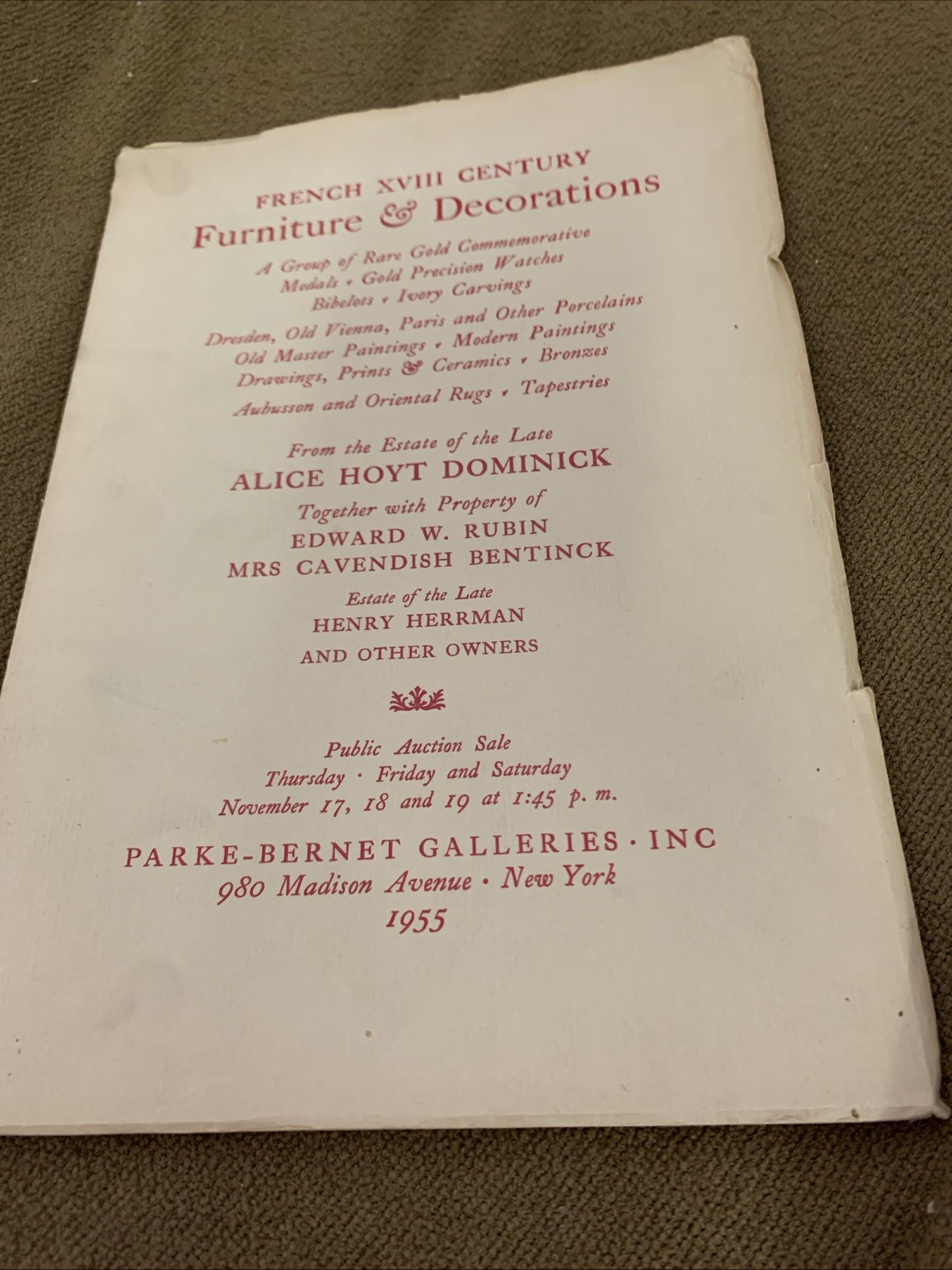 Parke Bernet Galleries 1955 Alice Hoyt Dominick Medals Gold Carvings Prints Vtg
