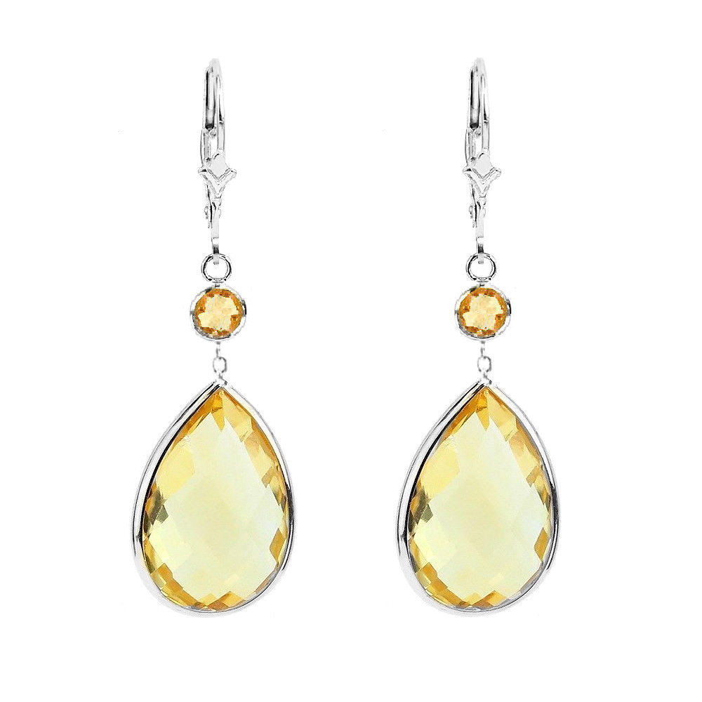 14K White Gold Earrings with Dangling Pear Shape and Round Citrine Gemstones