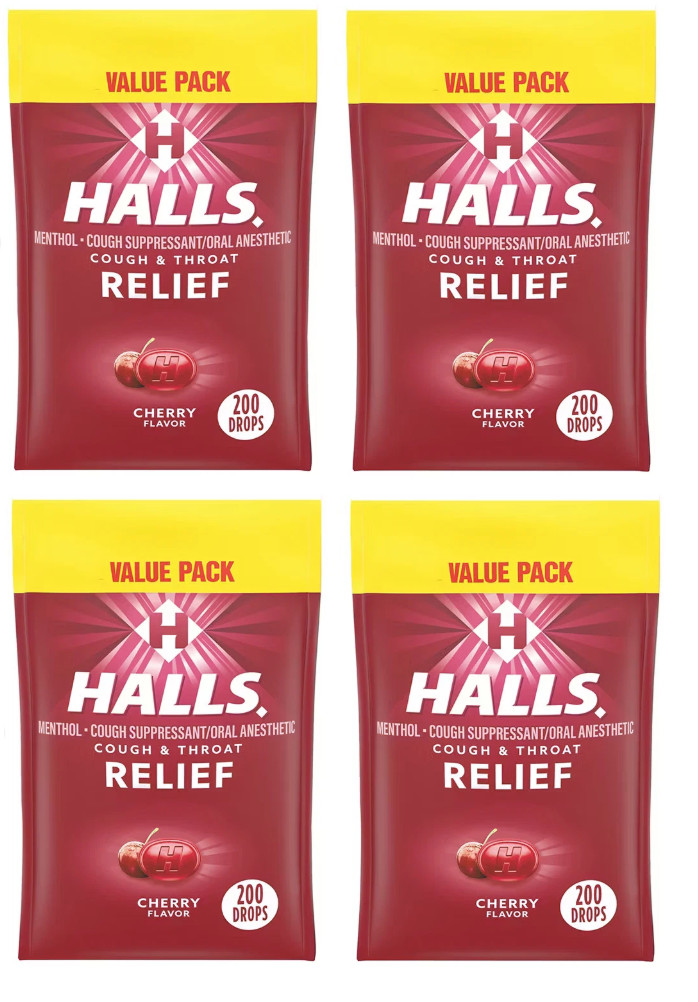 Lot of 4 x Halls Relief Menthol Cough Suppressant Throat Relief Cherry 800 count
