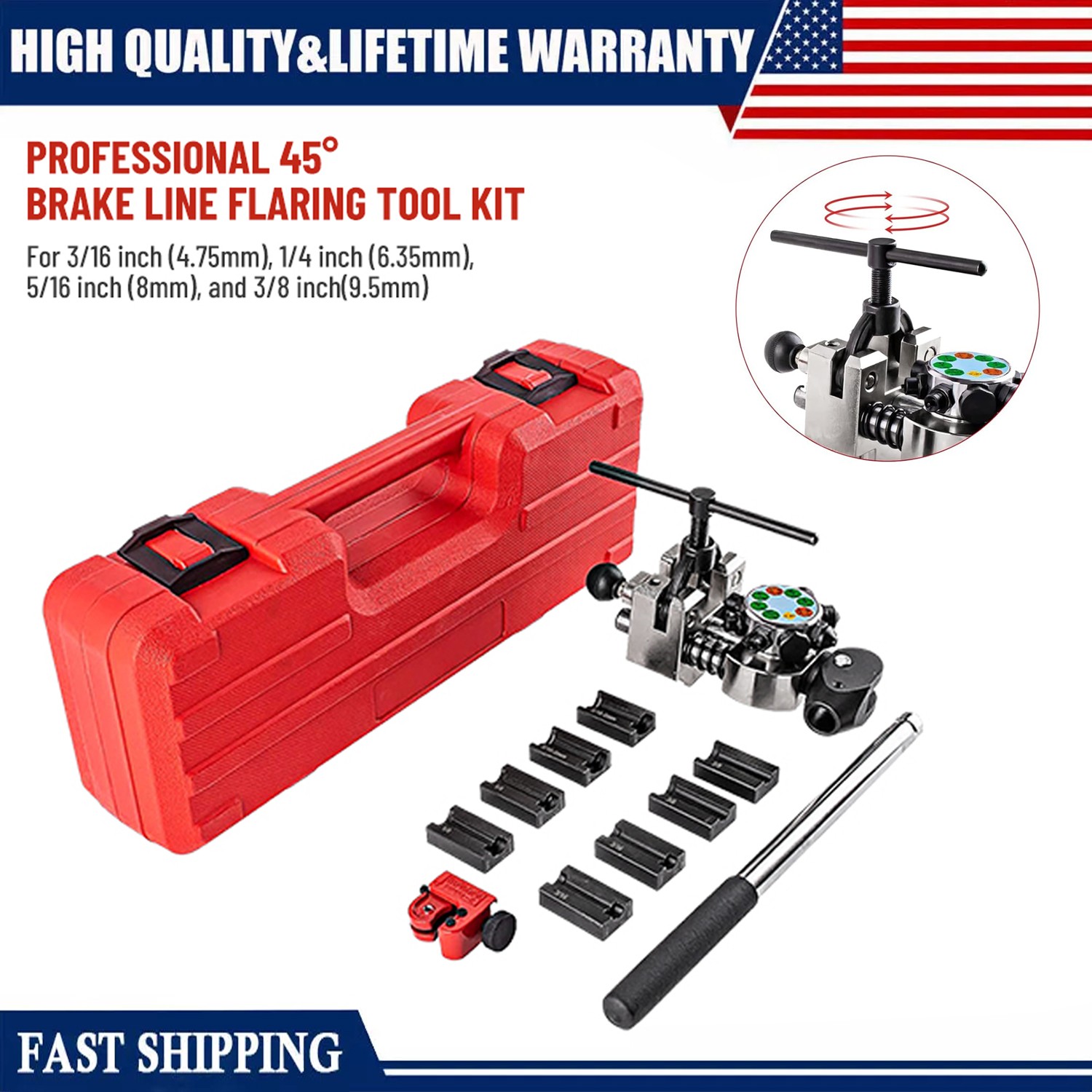 45 Degree Brake Line Flaring Tool Repair Kit For 3/16", 1/4", 5/16", 3/8" Tube