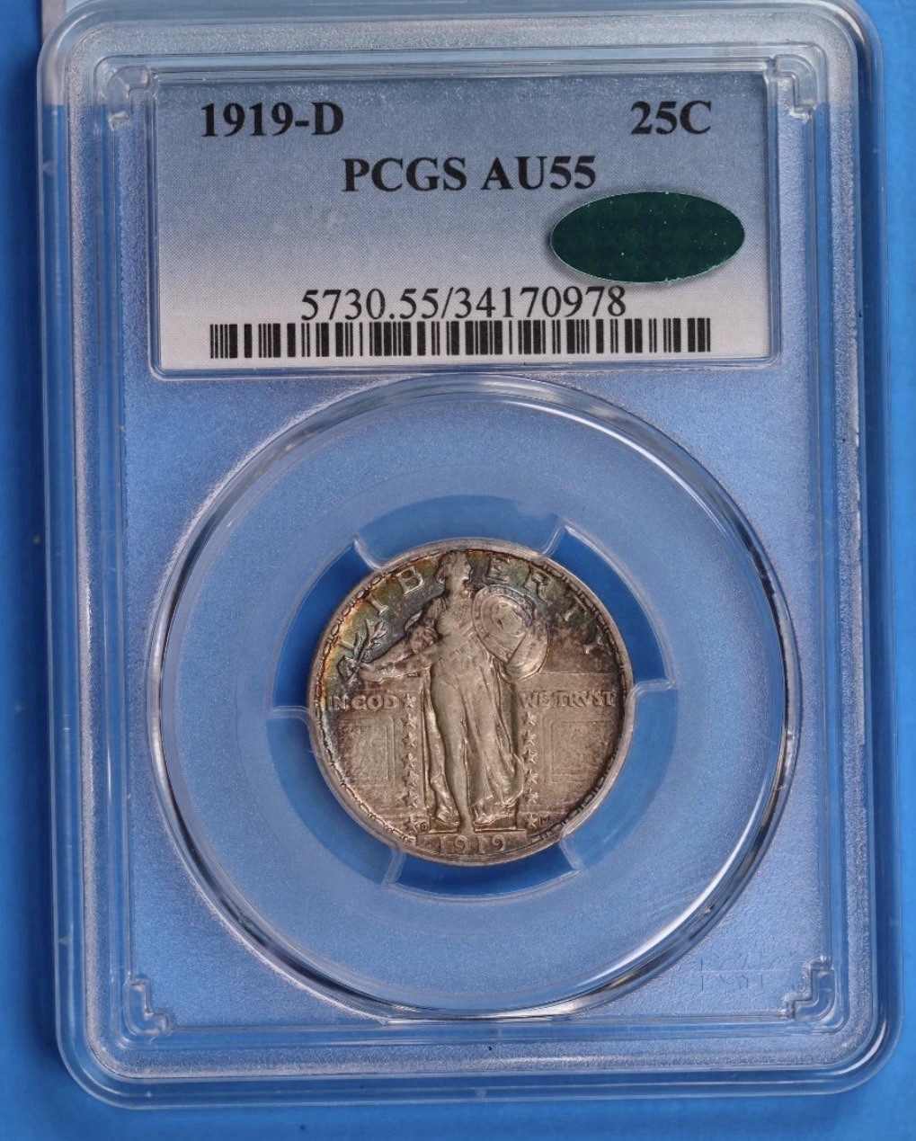 1919 D STANDING LIBERTY QUARTER  PCGS AU55 CAC APPROVED RAINBOW 🔥 SLQ