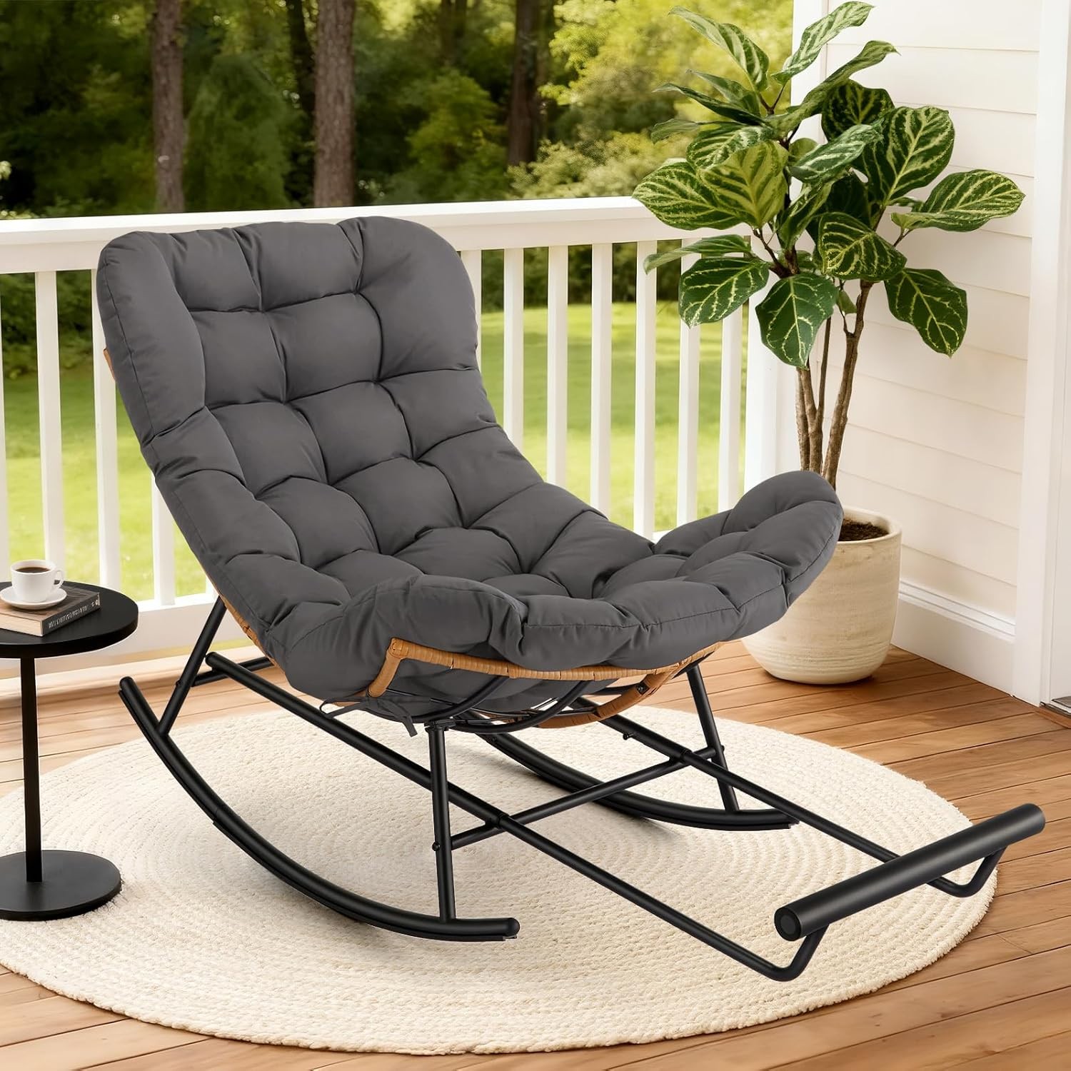 Rattan Rocking Chair with Extendable Footrest & Flannel Cushion for Living Room
