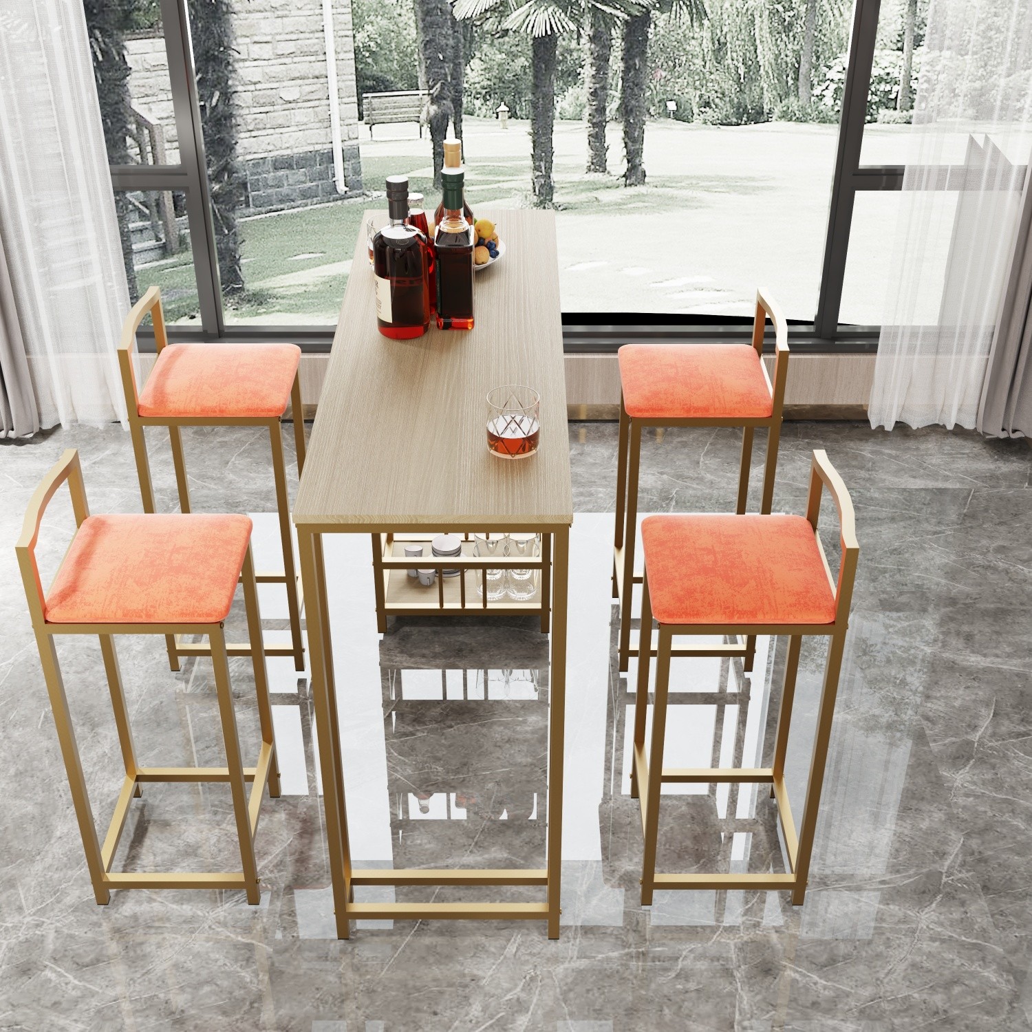 5 Piece Bar Table Set Counter Height Kitchen Rectangle Table w/ 4 Bar Chairs