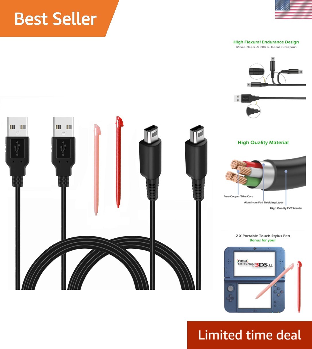 2x 3.9ft USB Charging Cables for 3DS/2DS - Play While You Charge with Stylus