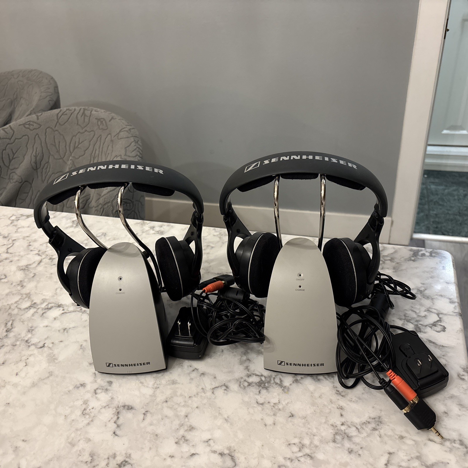 TWO Sennheiser HDR 120 Headsets, TWO TR120 Chargers and TWO  power supplies Lot