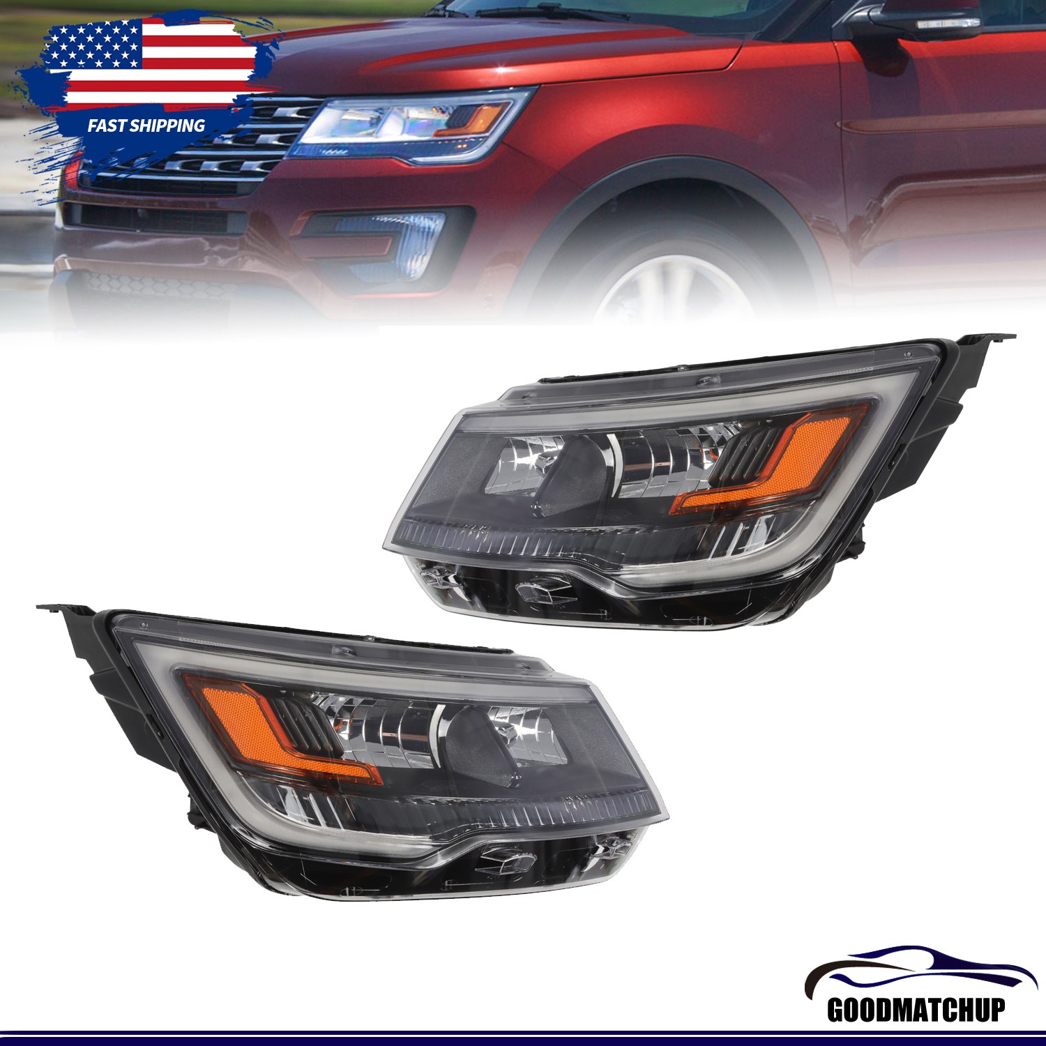 Pair For Ford Explorer Sport 2016-2018 Front Headlight Halogen W/LED DRL Black
