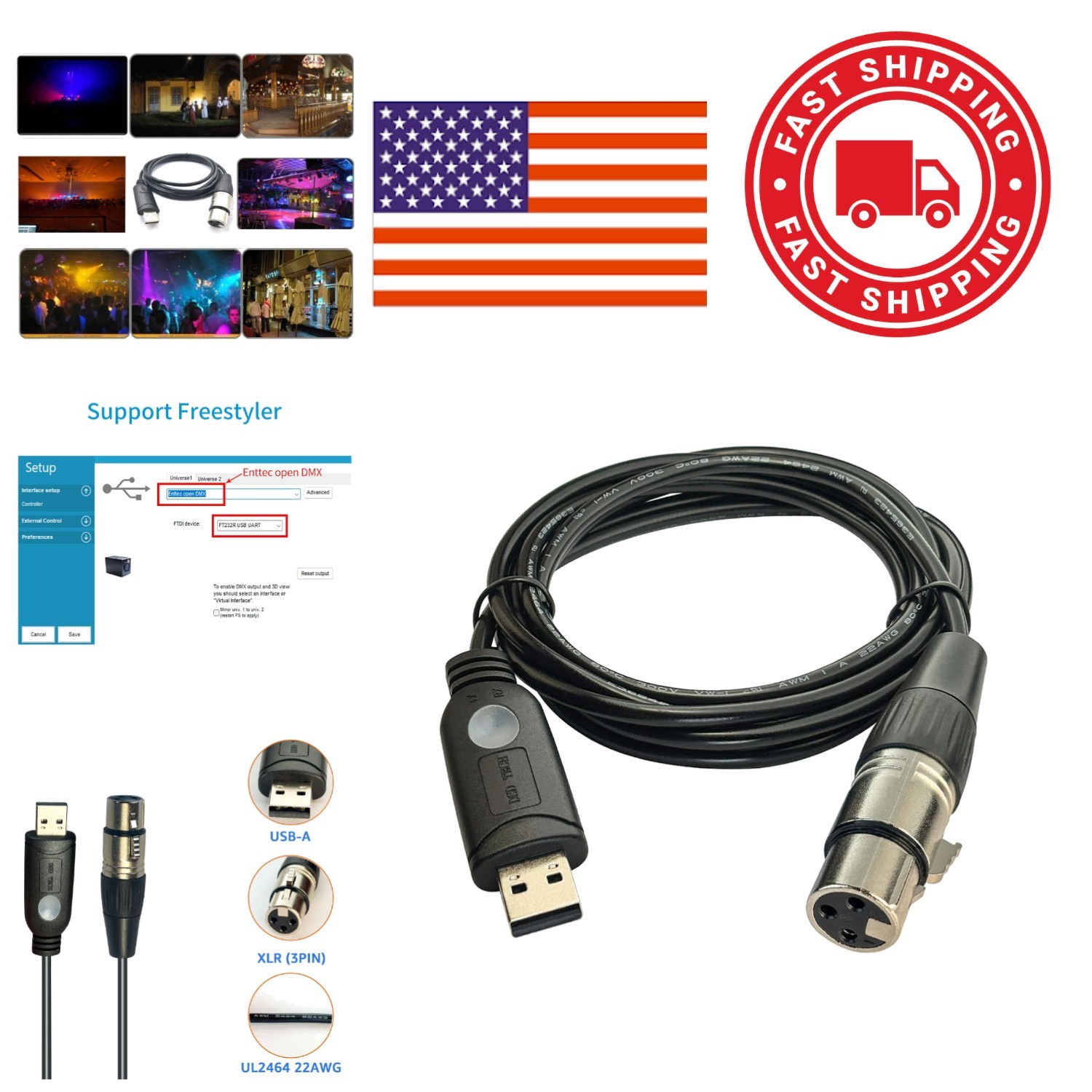 USB to DMX Cable 5.9 Feet Black Male to Female Connector for Lighting Control