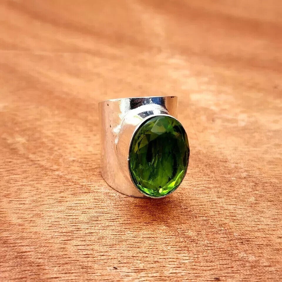 Peridot Gemstone Ring, Solid 925 Silver Handmade Band Women Ring All Size SR713