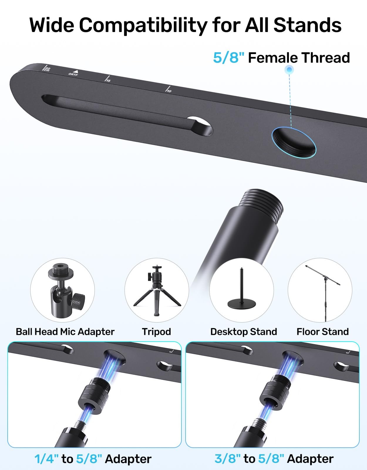 Stereo Array Spacing Mic Bar Mount, Aluminum Dual Microphone Holder with Rule...