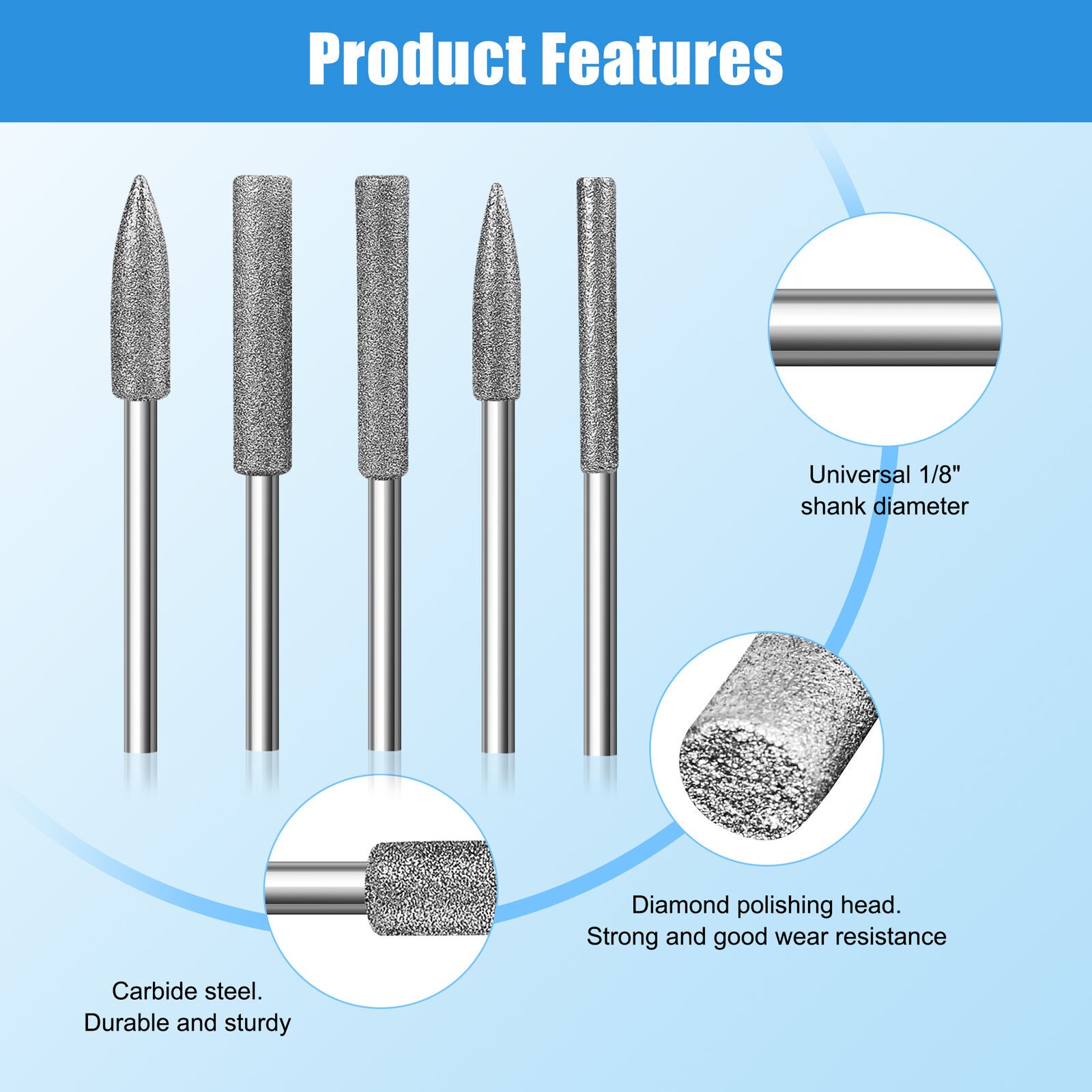 1 Set 1/8" Shank Different Shapes Diamond Burr Bits Rotary Tools Accessories