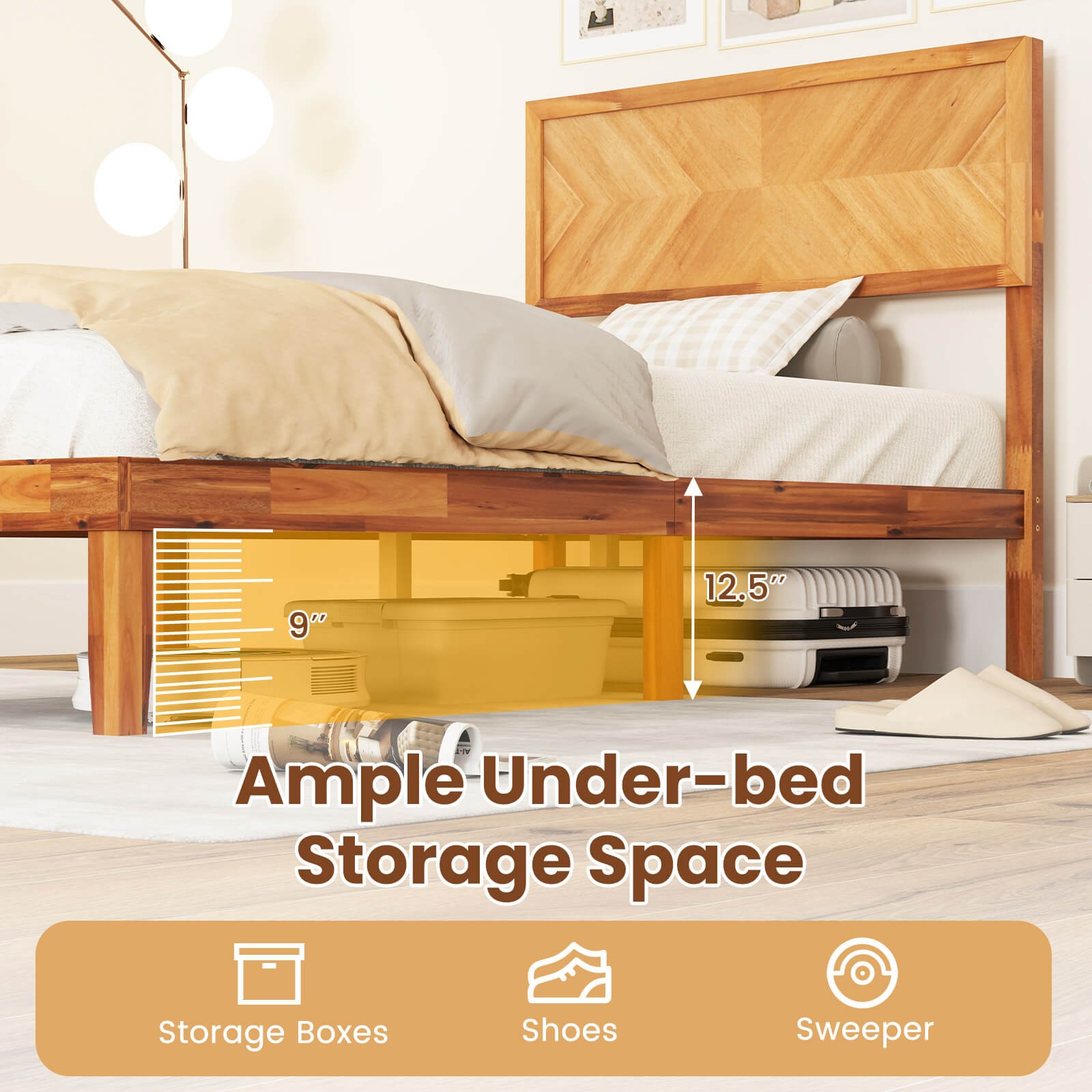 Twin Size Bed Frame w/Headboard Wooden Slats Support 9" Under-bed Storage Space