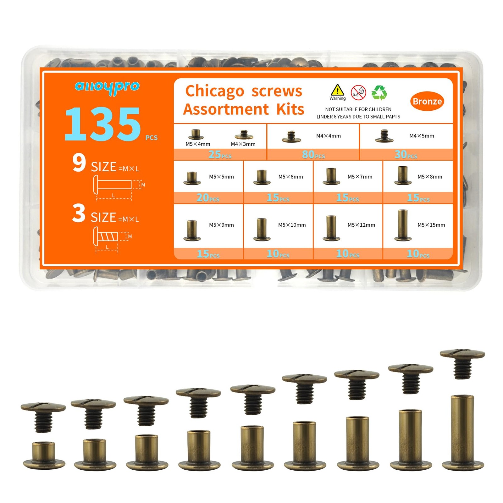 135 Sets Bronze Chicago Screws Leather Rivets M5*4,5,6,7,8,9,10,12,15,