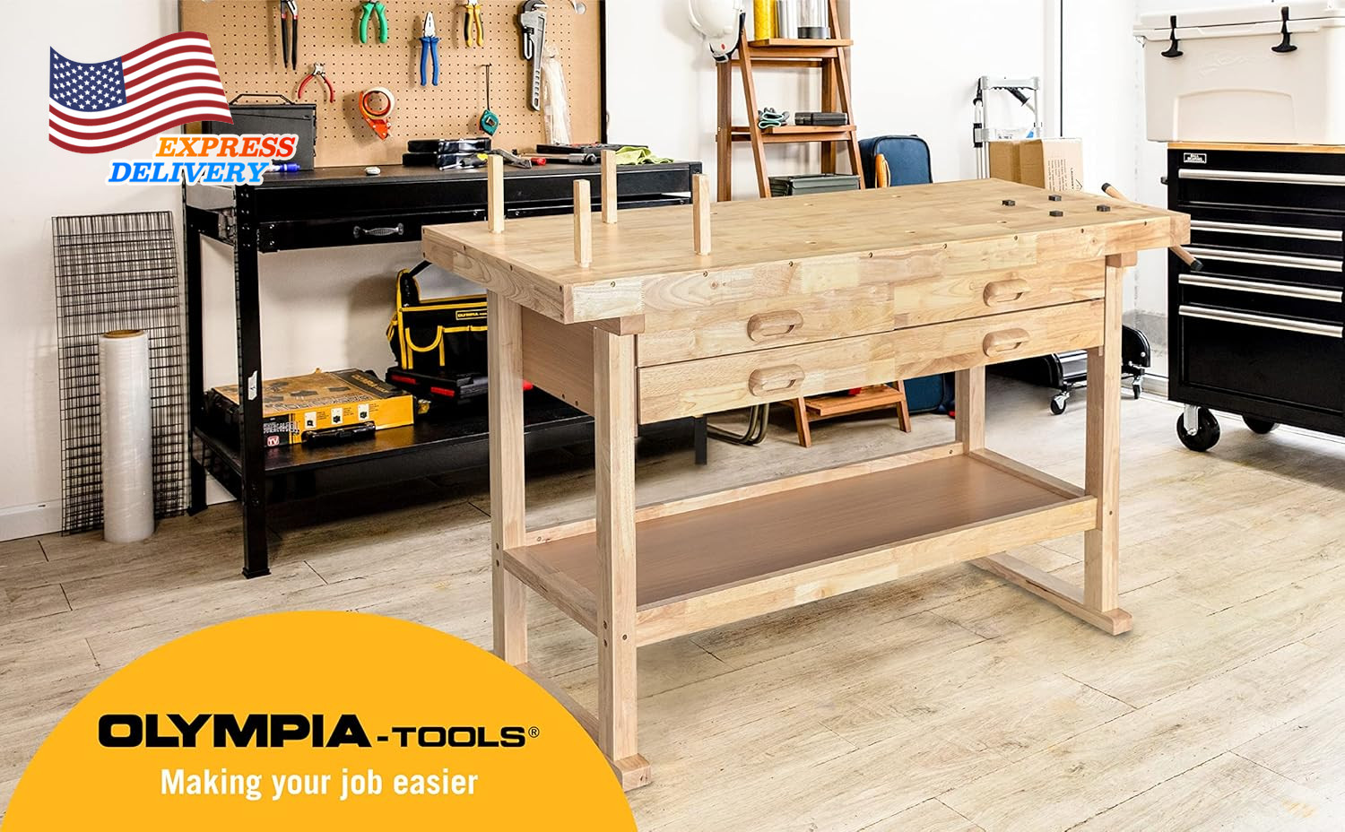 60" Rubber Hardwood Workbench with 4-Drawers 450Lbs Load for Garage Workshop
