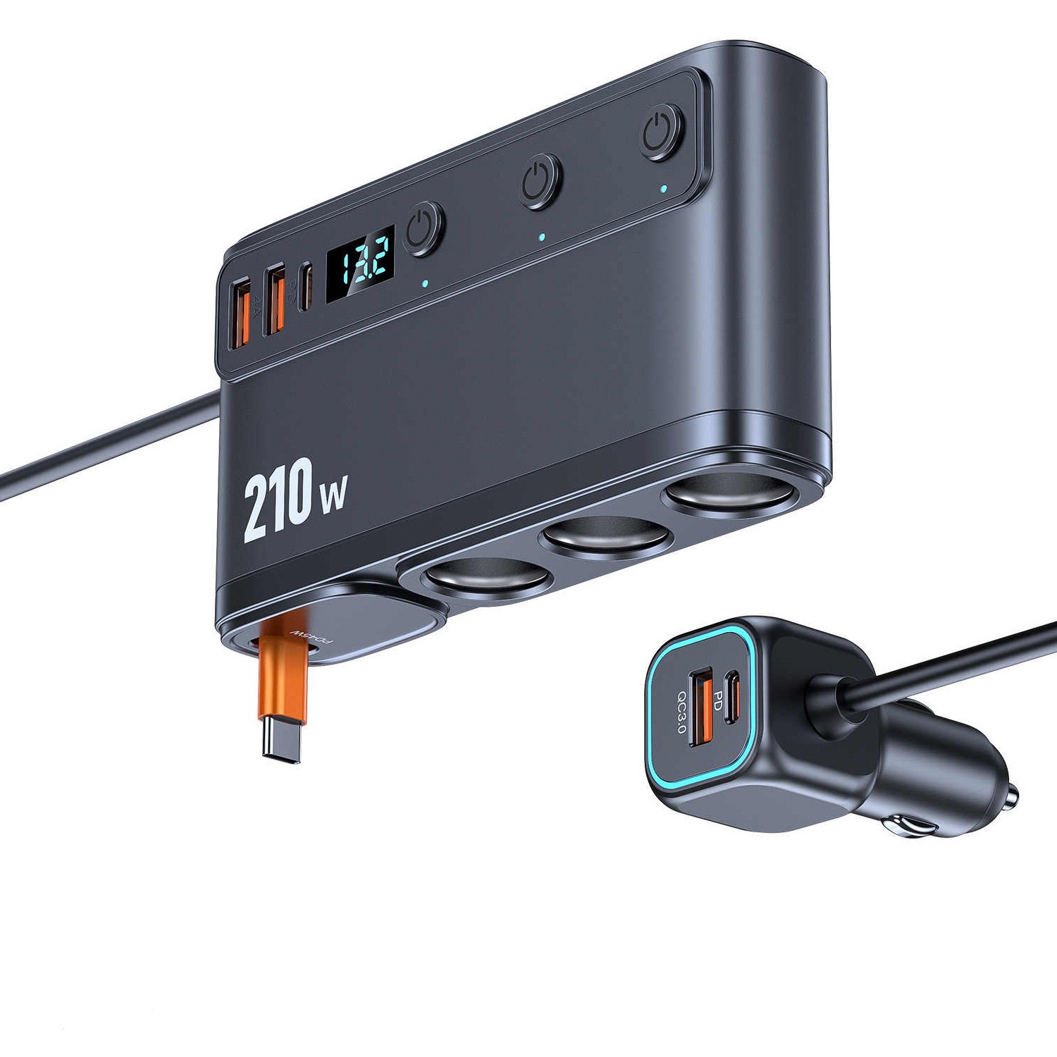 For Truck 9-in-1 Cigarette Lighter Charger 3 Sockets 6 USB Ports 228W Display
