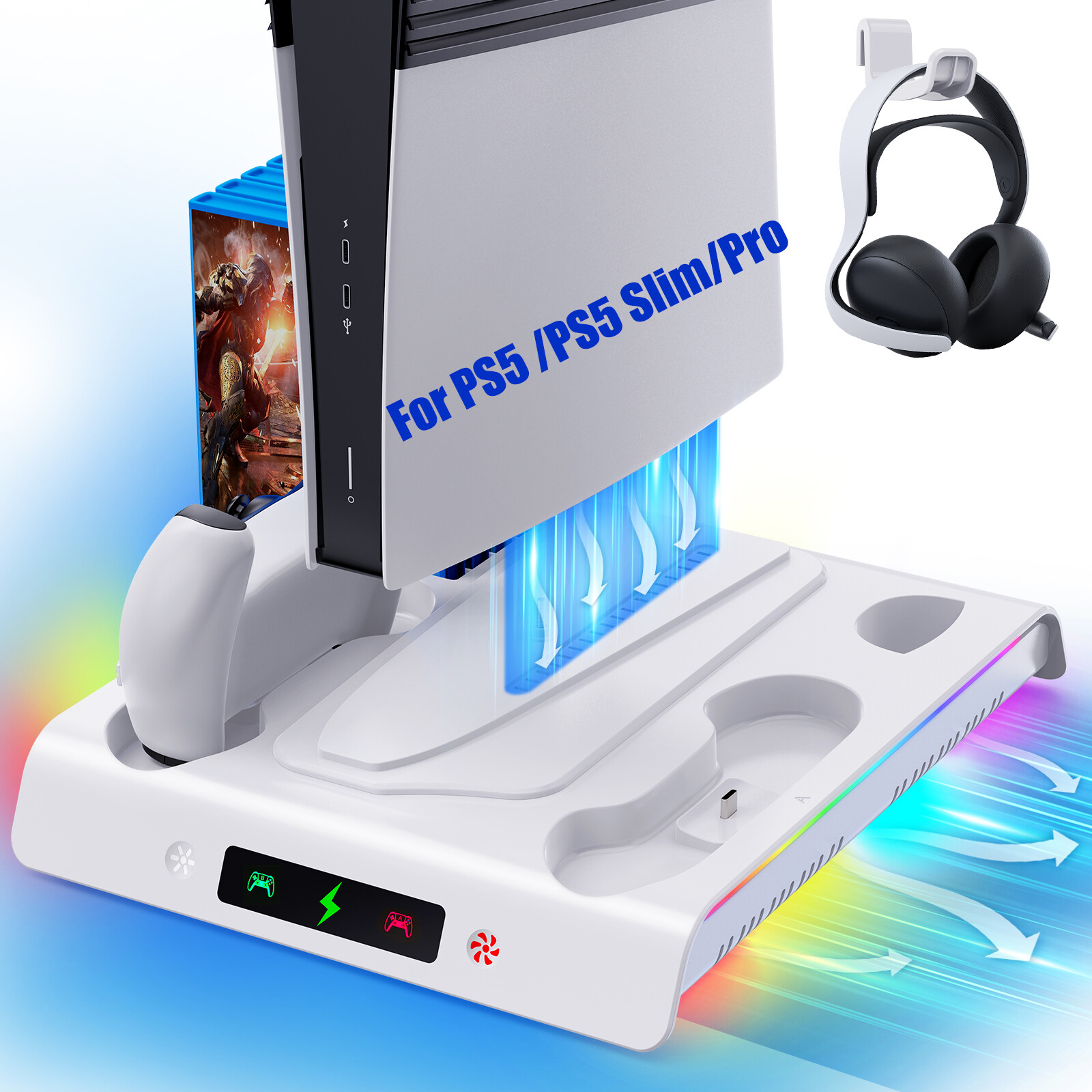 For PS5/PS5 Slim/PS5 Pro Vertical Cooling Fan Stand Controller Charger Station