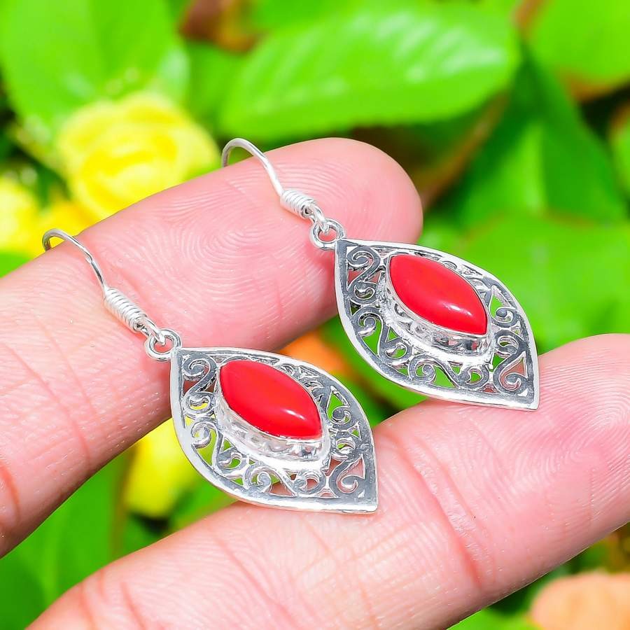 Italian Red Coral Gemstone Handmade 925 Sterling Silver Gift Earring 1.73" R867