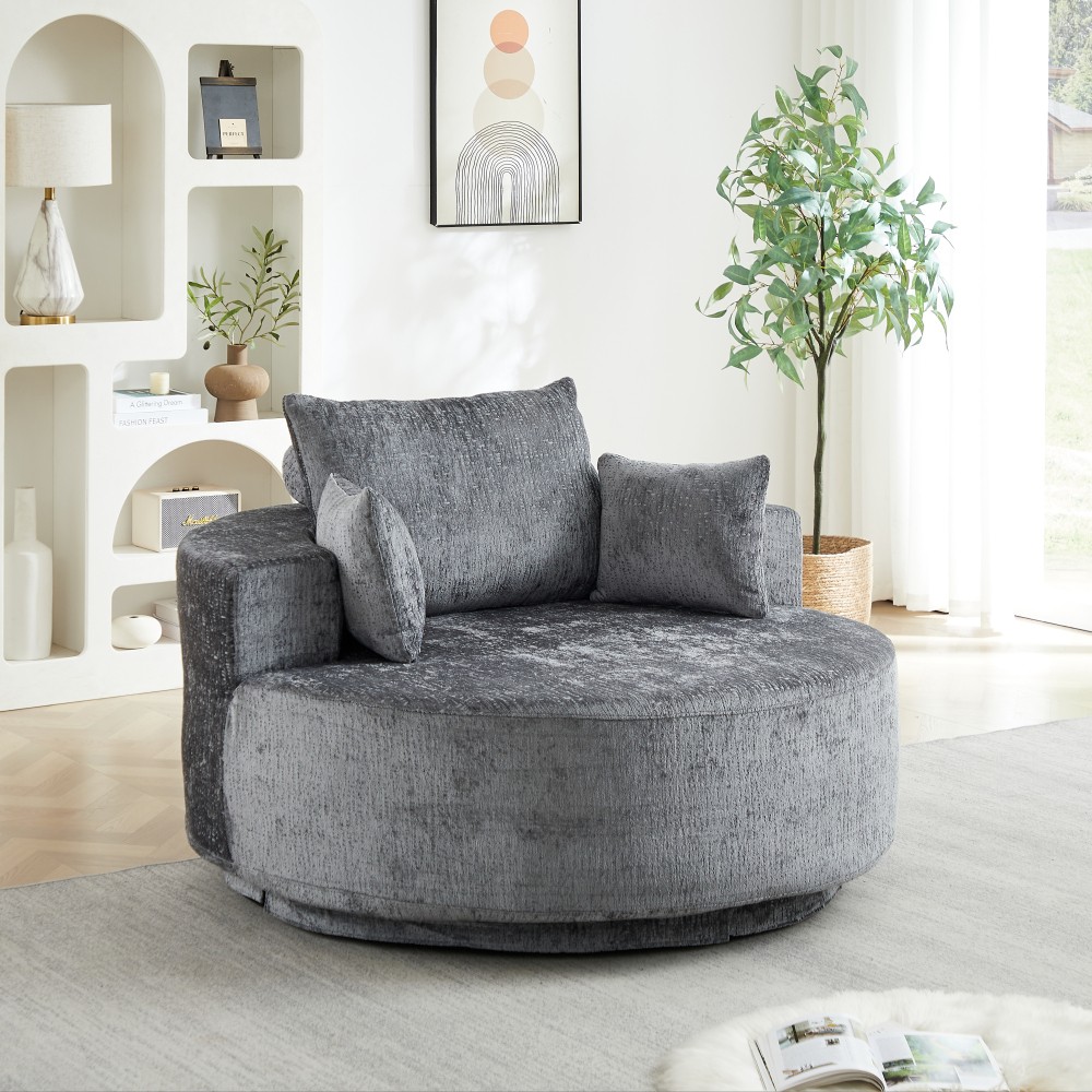 Chenille Foam Swivel Chair, 360° Rotating Modern Sleeper for Living Room, Grey