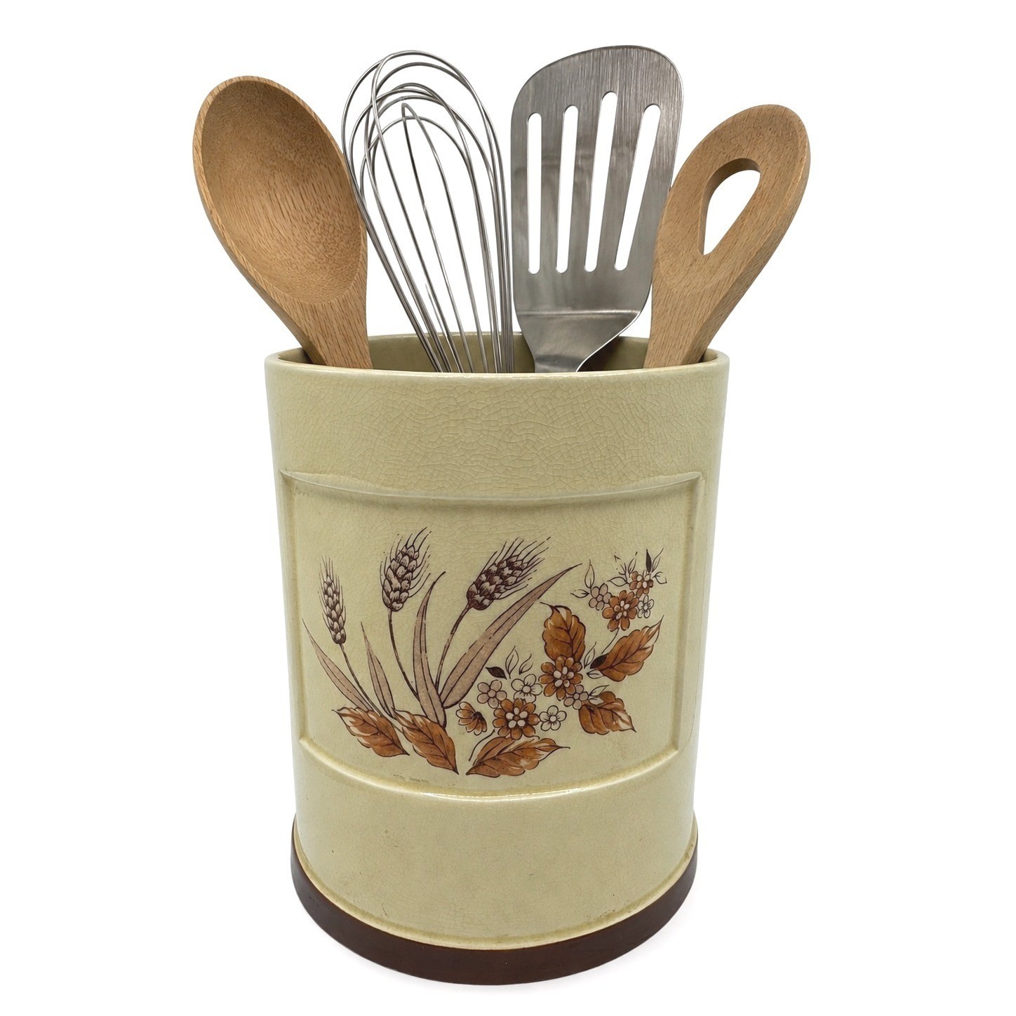 Vintage Ceramic Wheat Pattern Utensil Crock Made in Japan Beige Brown Large