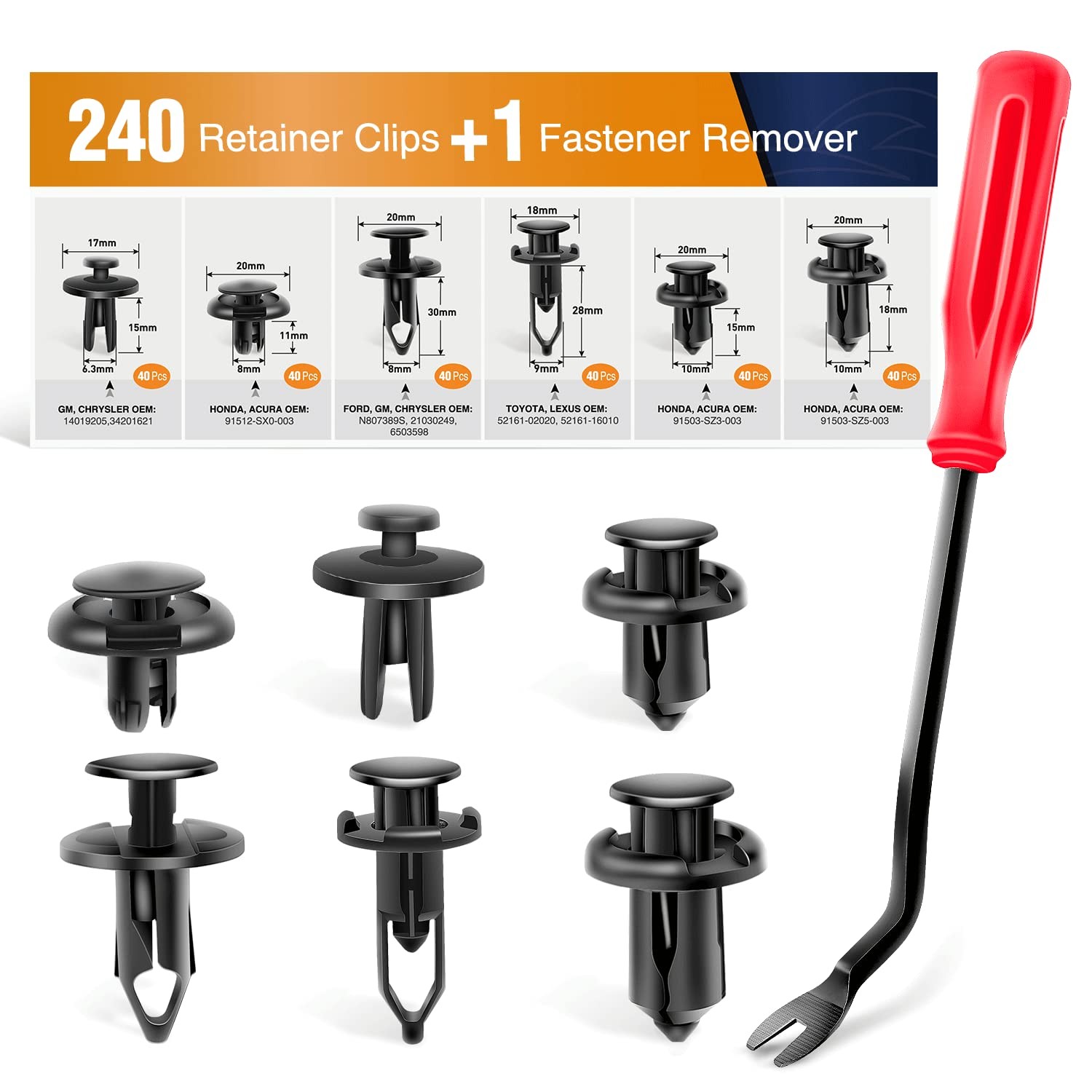 GOOACC 240PCS Car Retainer 6.3mm 8mm 9mm 10mm Clips, 240Pcs Clips + Remover