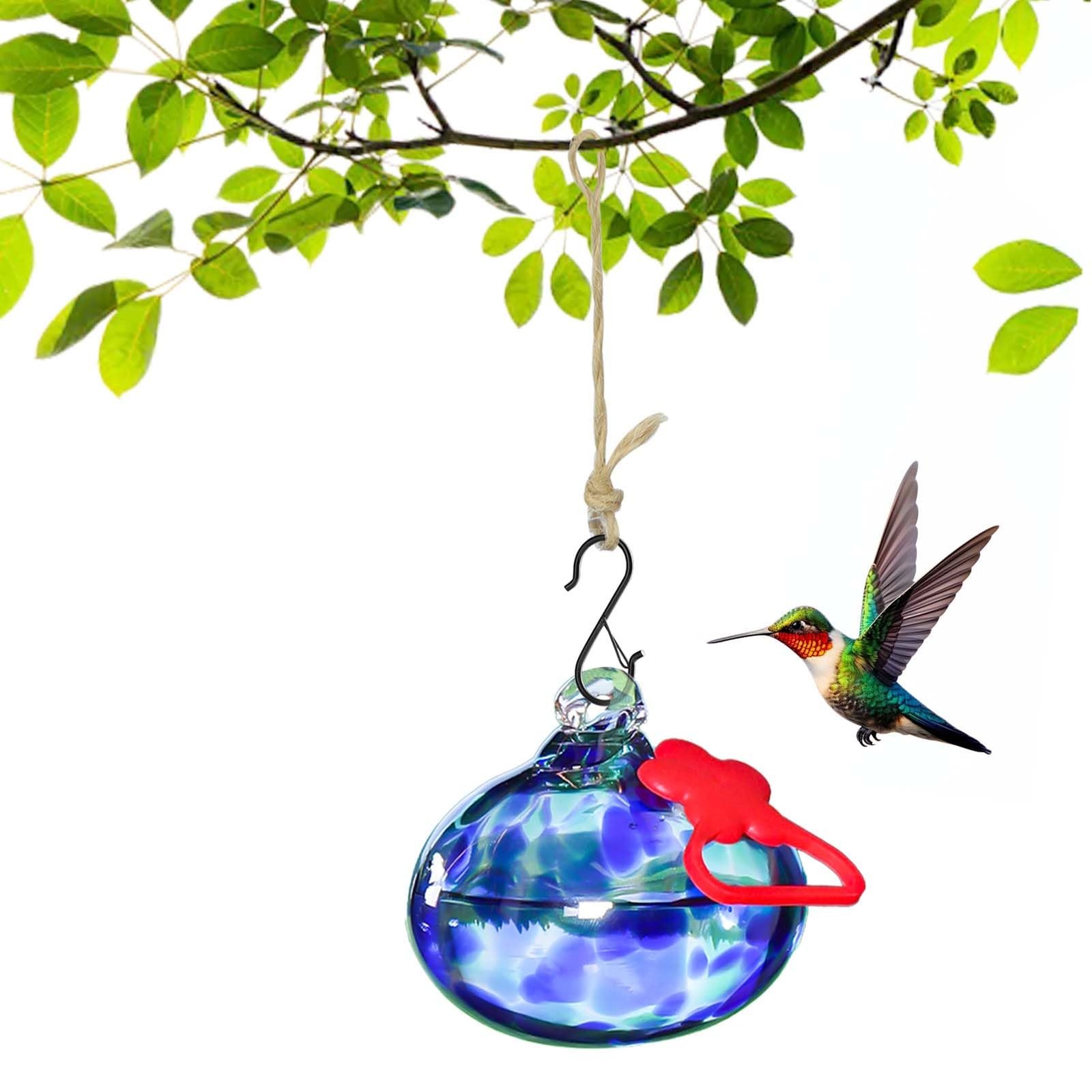 Pozfun Small Hummingbird Feeders for Outdoors Hanging,Hand-Blown Dotted Blue