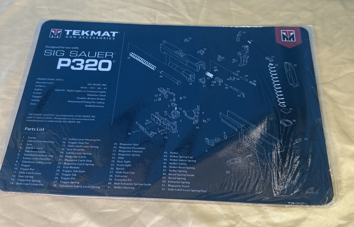 TekMat Non-Skid Cleaning Mat Featuring Sig Sauer P320, Black 17" X 11"