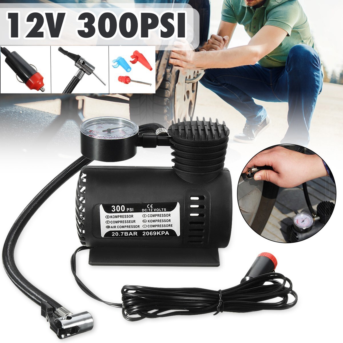 300PSI Portable Mini Air Compressor Auto Car Electric Tire Air Inflator Pump