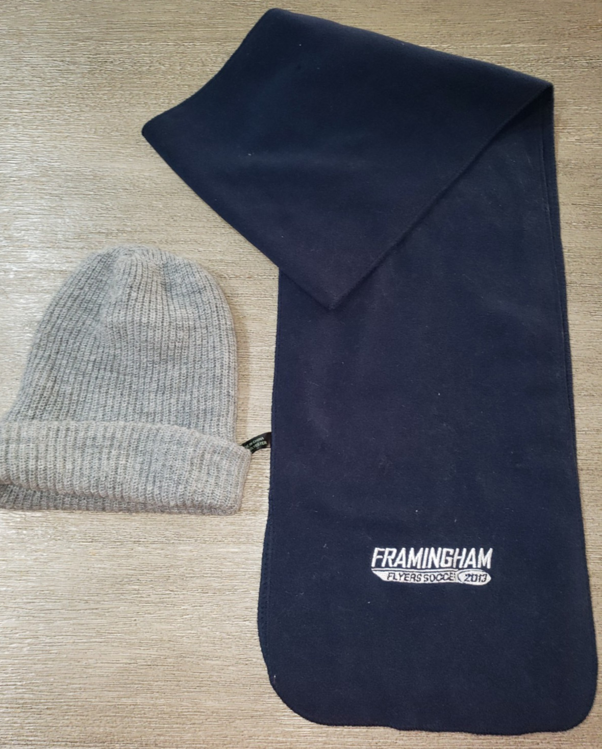 FRAMINGHAM FLYERS SOCCER MENS FLEECE SCARF GRAY WINTER BEANIE HAT one size fits