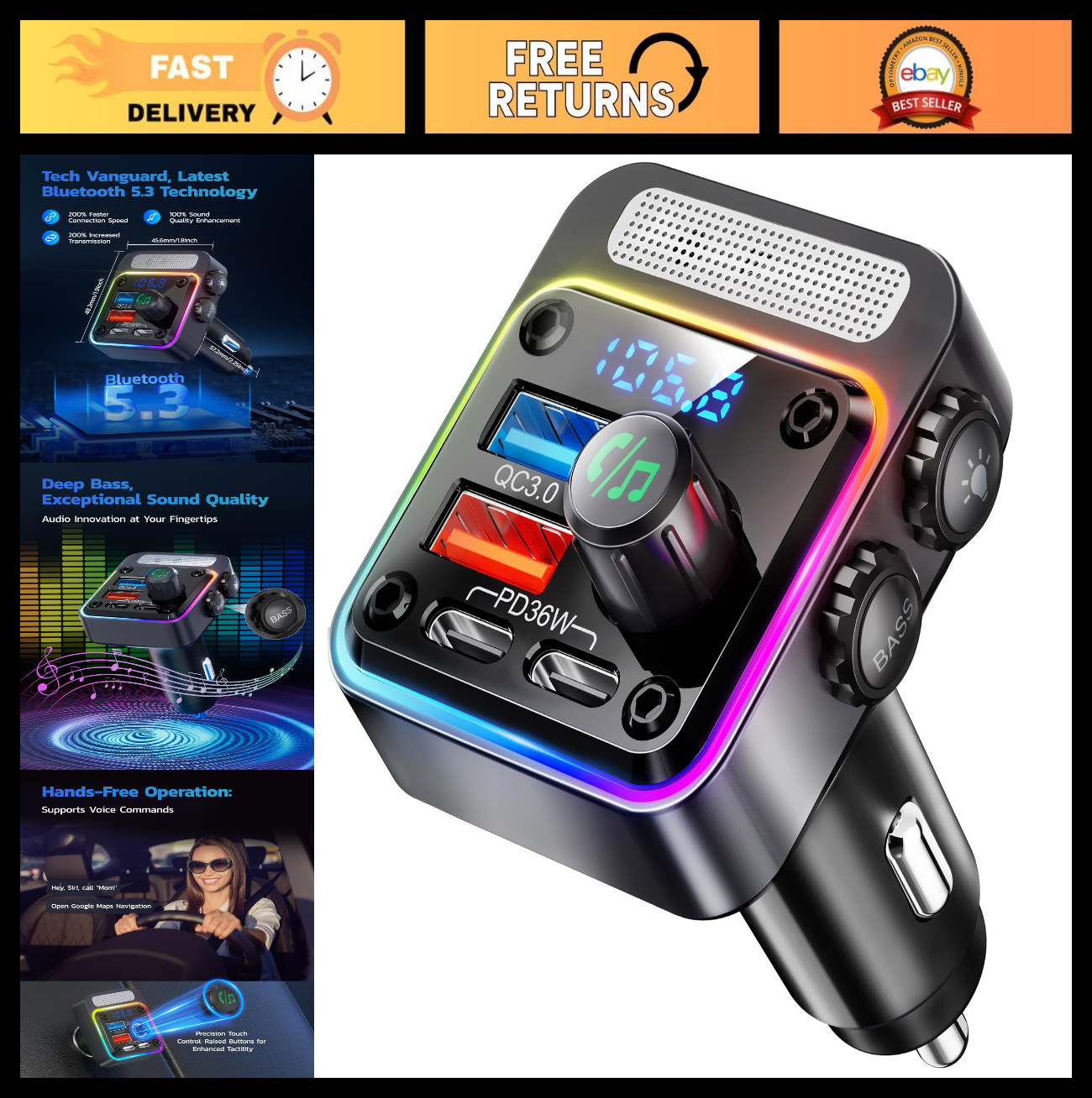 54W Bluetooth 5.3 Car Charger Adapter, 4-Port Fast Charging, FM Transmitter, Dee