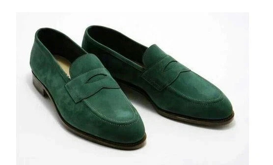 Handmade Genuine Suede Green Slip On Loafers Formal Office Dress Shoes For Men