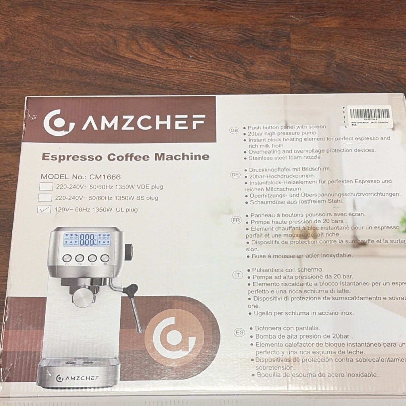 AMZCHEF CM1666 Espresso Machine 20 Bar Stainless Steel Silver Steam Wand 1350W