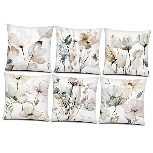 COMMINY Brown White Grey Pillow Covers 18" x 18" (Pack of 6) Modern Flower