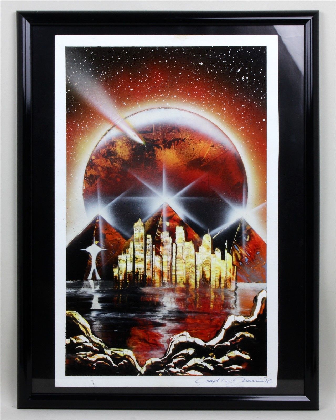 Framed Original Spray Paint Art Sci-Fi Cityscape New York City JOSEPH W FRANCIS