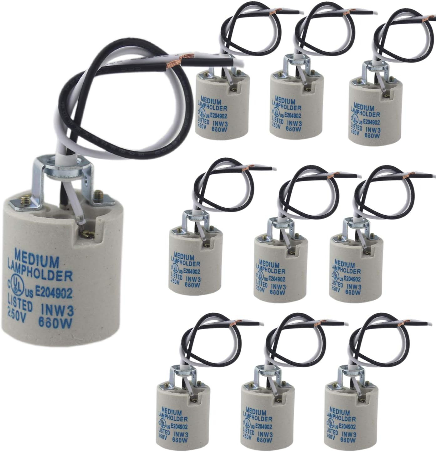 10Pcs Ceramic Standard Medimun Screw Base Socket E26 E27 Bulb Holders with Wire