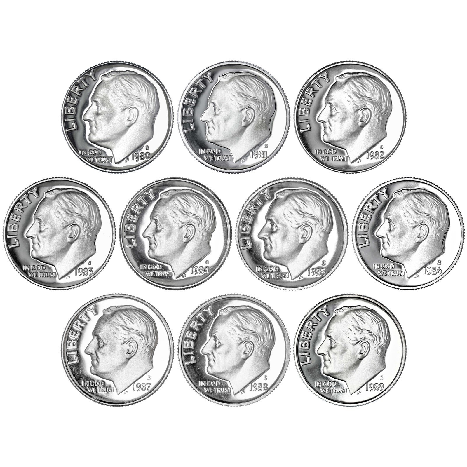 1980-1989 S Roosevelt Dime Gem DCam Proof Run 10 Coin Decade Set CN-Clad