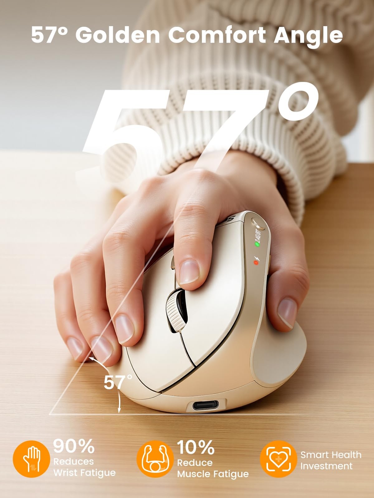 MAM3 Ergonomic Vertical Wireless Rechargeable Mouse 4 Adjustable DPI Beige