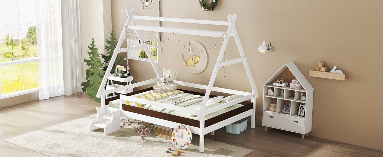Full House Platform Bed with Stairs, Solid Wood Frame, White