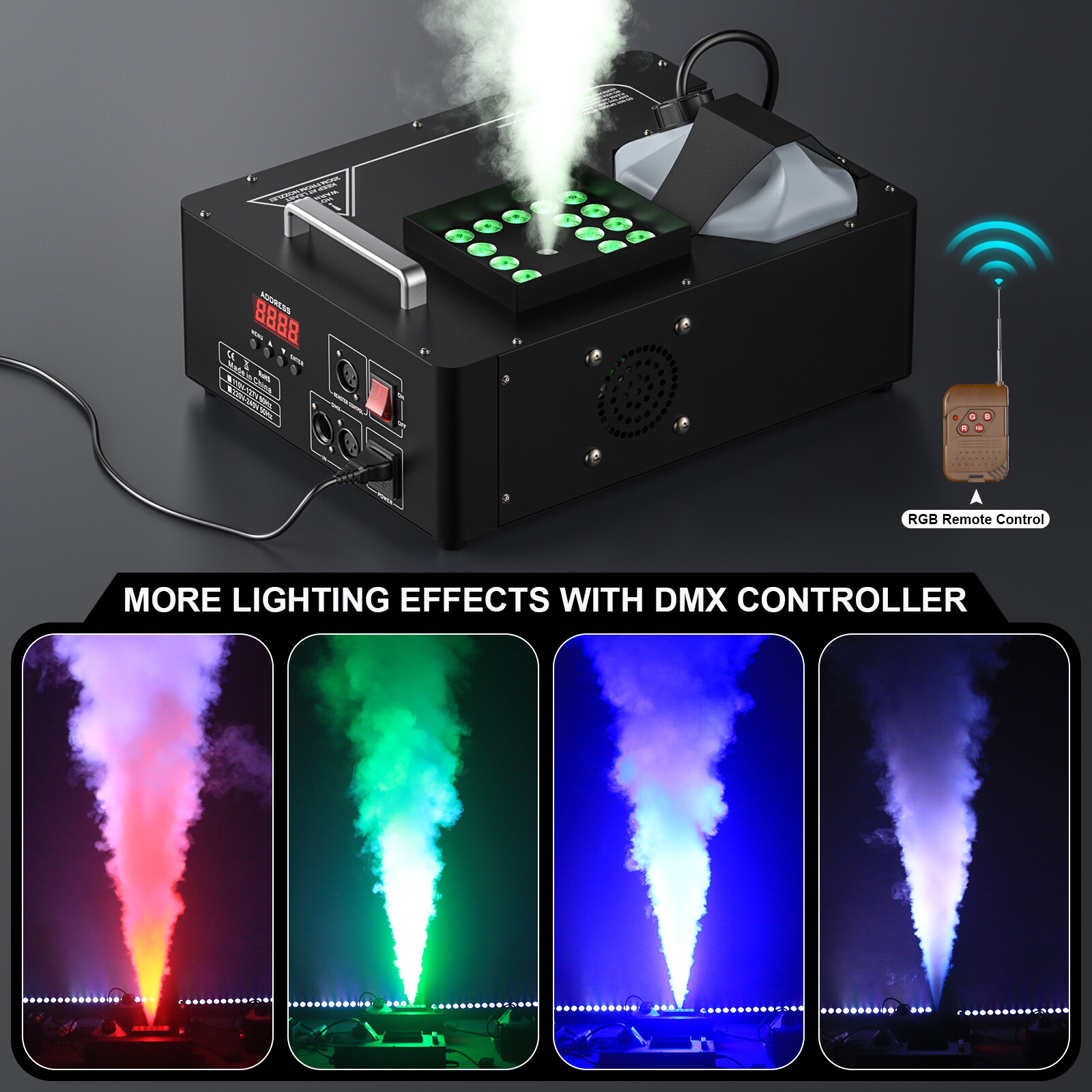 2000W Vertical Smoke Fog Machine DMX DJ Party Spray Fog Stage Light RGB 24LED