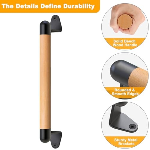 1 Pcs Barn Door Handle - Solid Beech 12 Inch Black Metal Brackets (1 Pack)