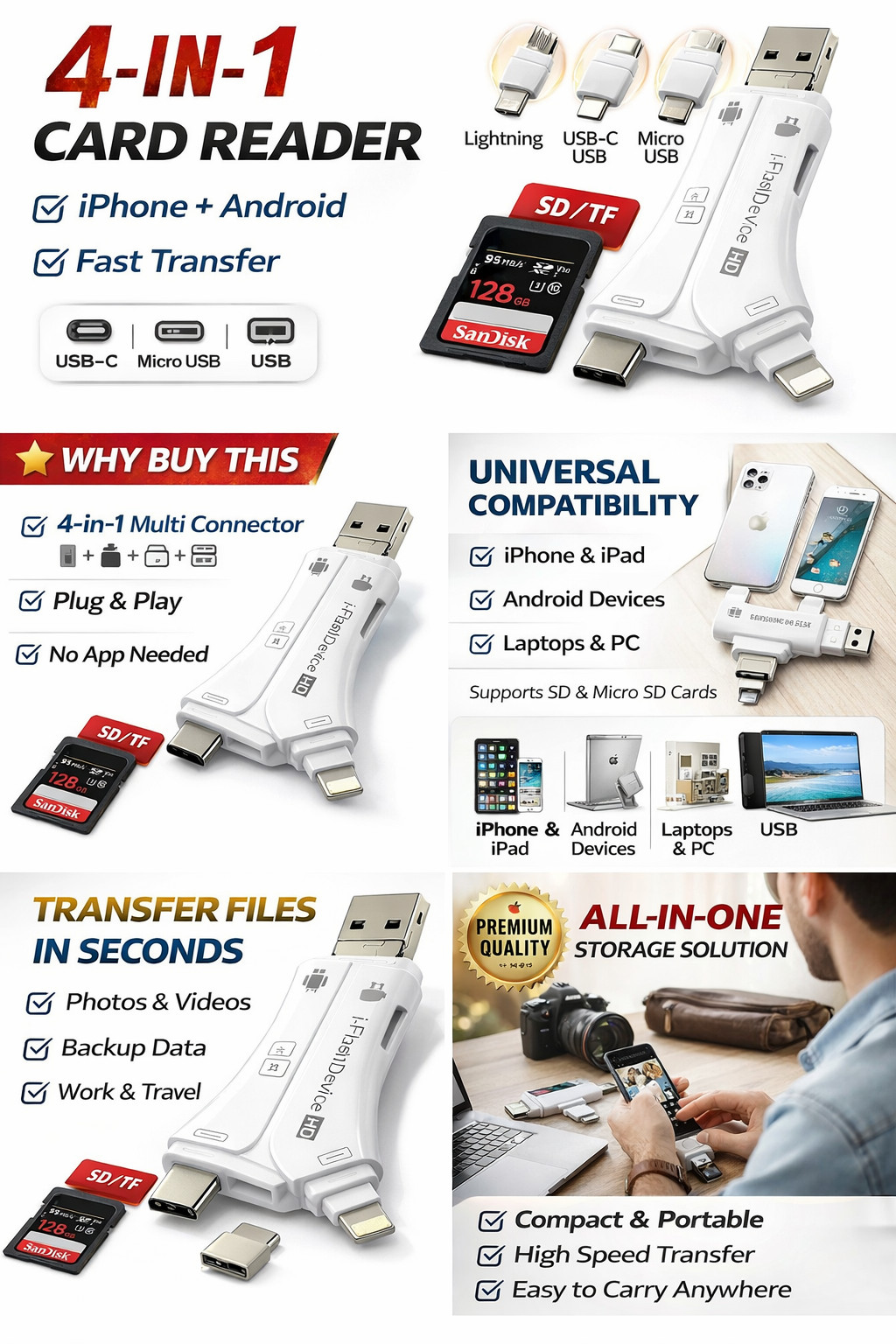 2 Pack 4in1 USB Card Reader iPhone iPad Android SD TF Adapter Lightning
