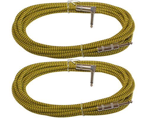 2 woven tweed cloth shielded 1/4 guitar bass keys patch cable 12 ft foot yellow