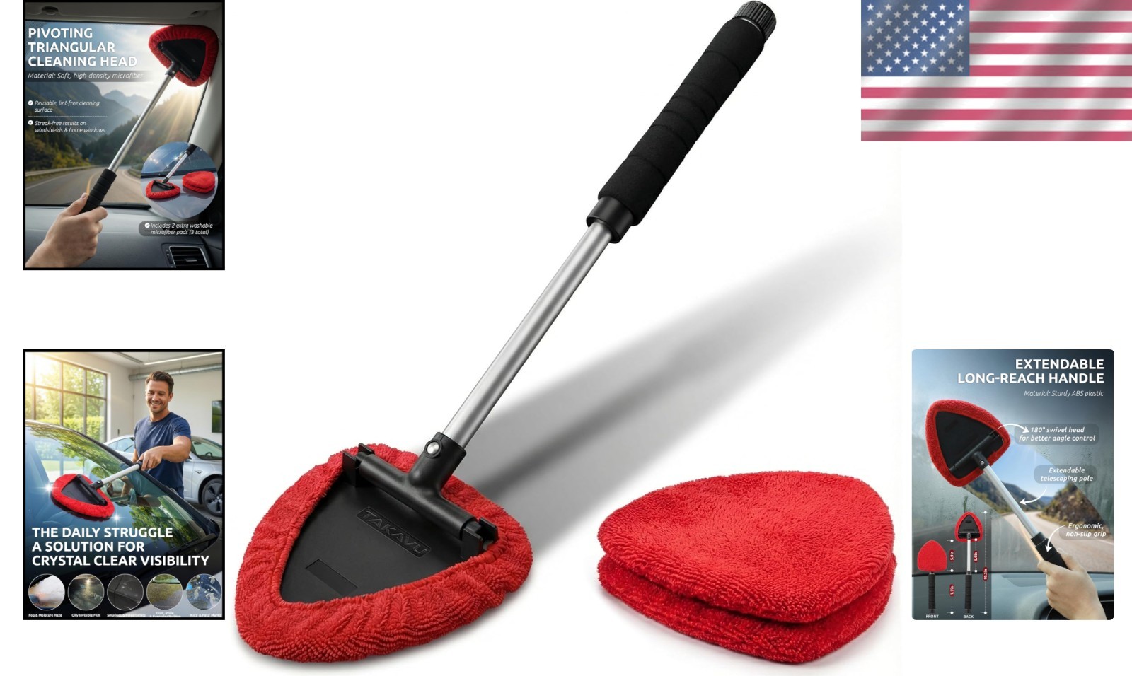 Windshield Cleaner Tool Extendable Long Handle Pivoting Head Microfiber Bonnets