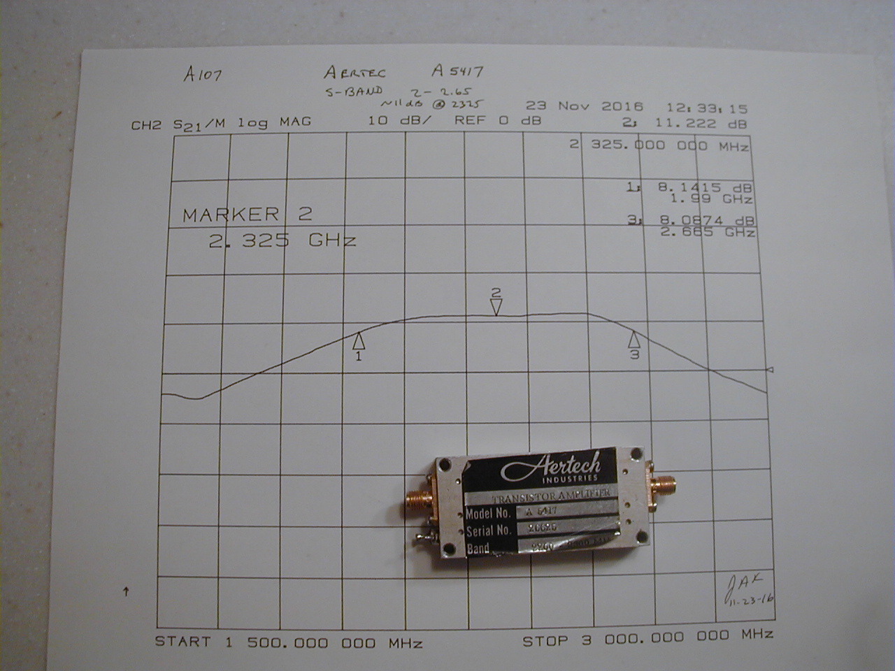 A107 Aertech A5417  Amplifier 2.0-2.65 GHz  TESTED, w/plot