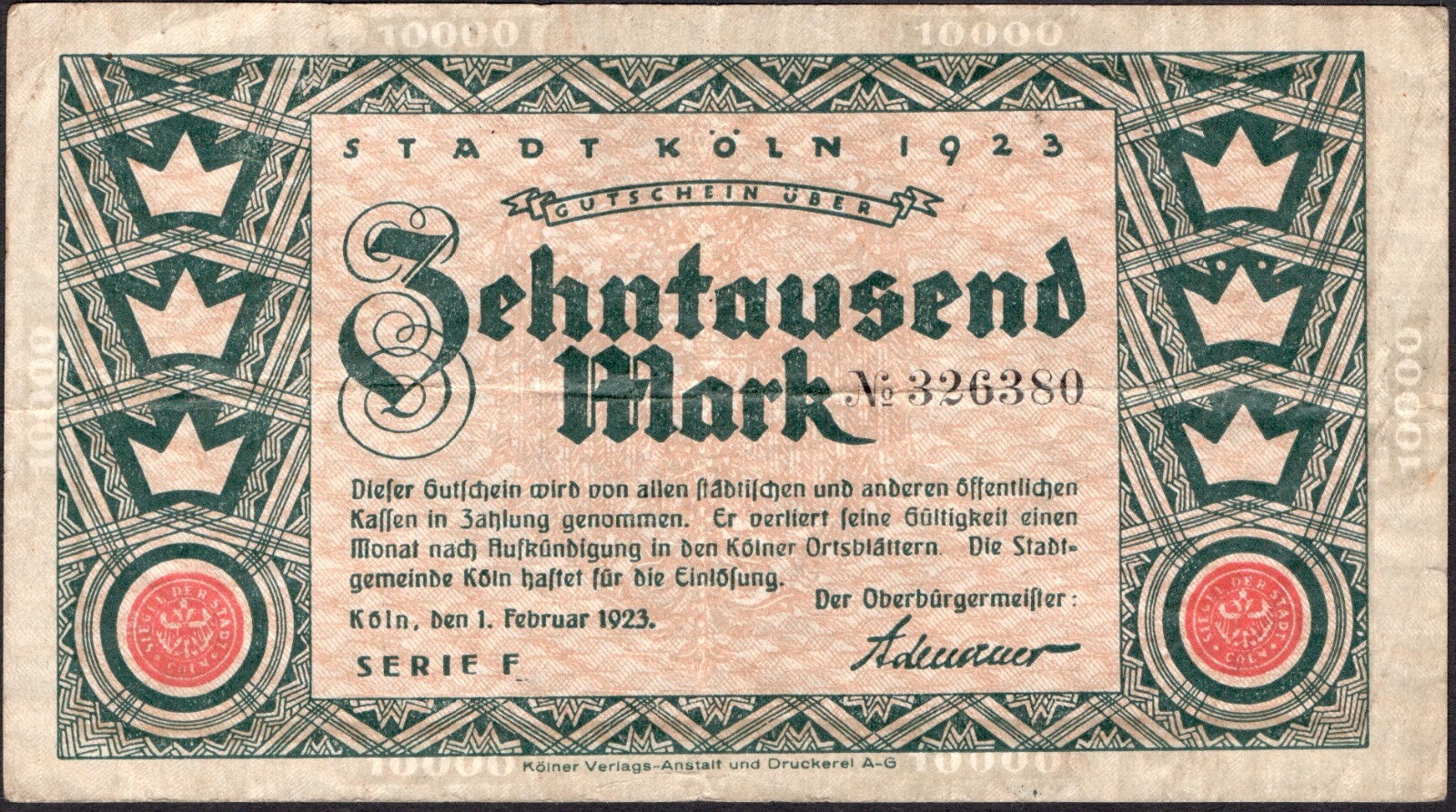10000 Mark 1923 city Cologne / Germany - Series: 326380 - F - #N47