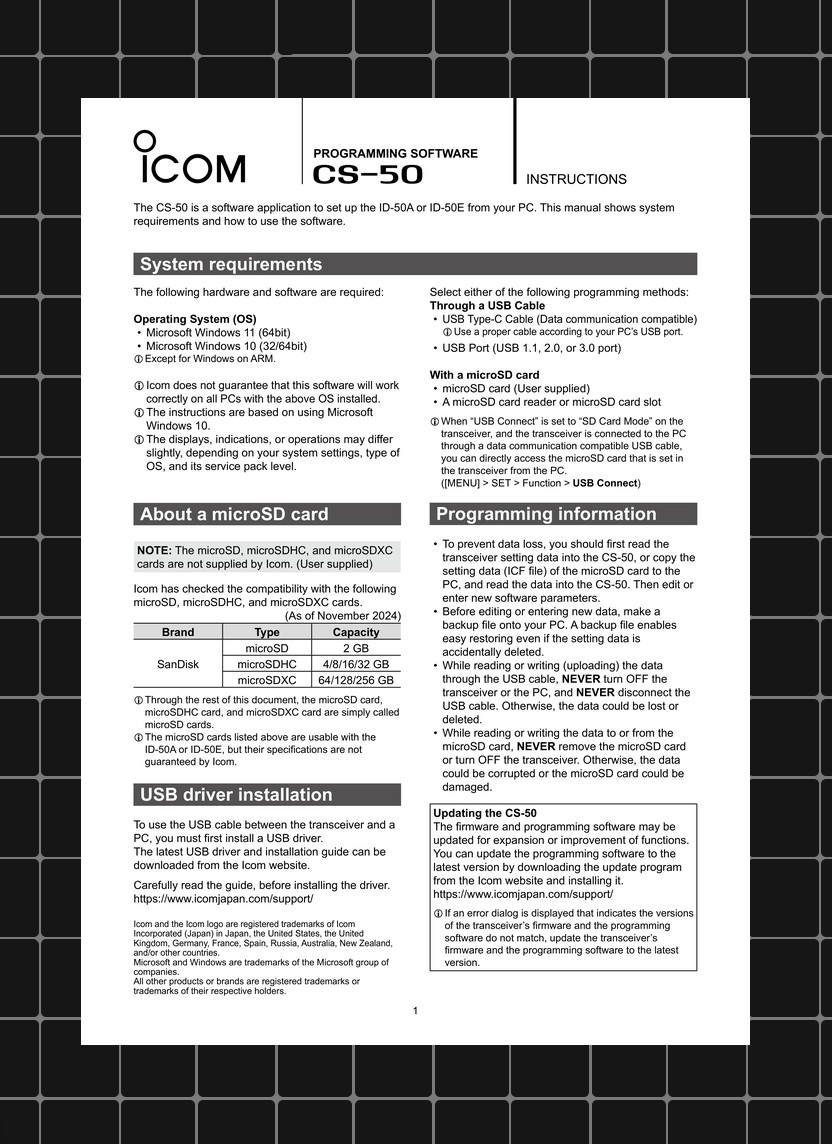 Icom CS-50 — INSTRUCTIONS User Guide How-To Tutorial — 9 Pages — USA Made