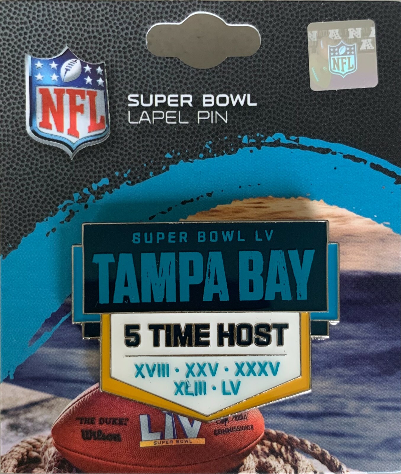 TAMPA BAY 5X HOST PIN SUPER BOWL NFL FOOTBALL GAMES XVIII XXV XXXV XLIII AND LV