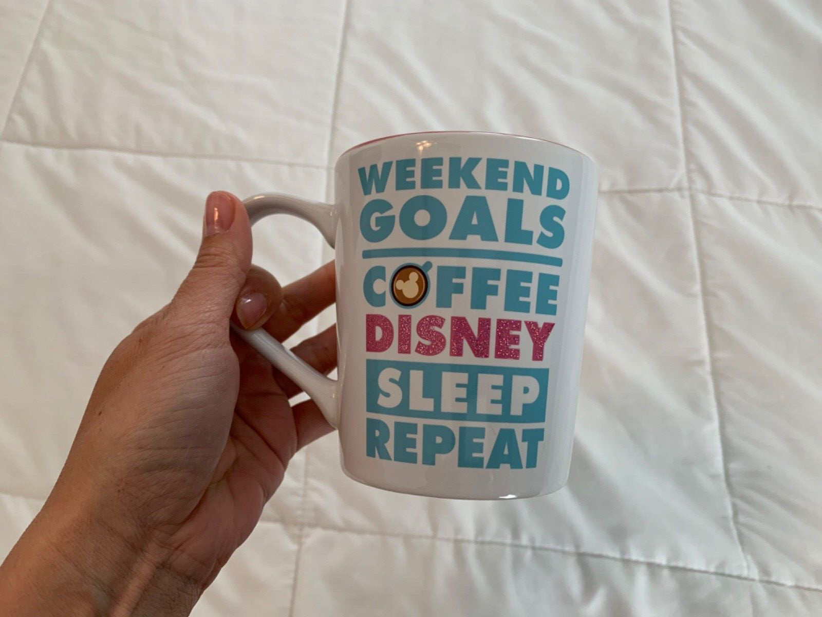 Disney Store Mickey & Minnie Ceramic Coffee Mug Weekend Goals Sleep Repeat