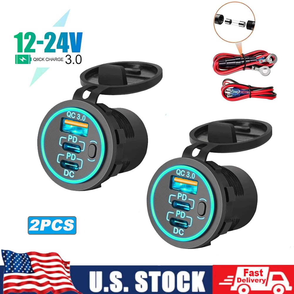 2PC Car 12V USB Outlet Wire USB Charger Socket Dual PD USB-C and Quick Charge3.0