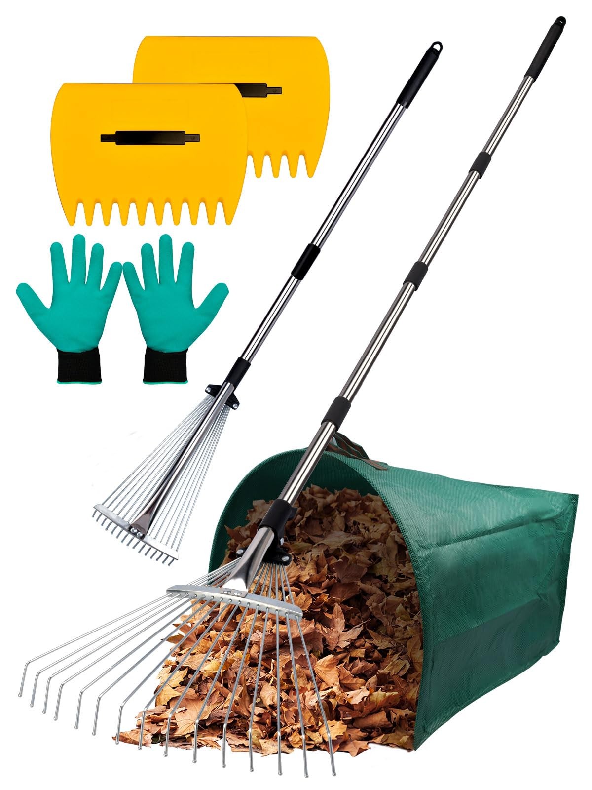 Adjustable Metal Leaf Rake Set Garden Rake for Leaves Long Handle 37"-63" Exp...