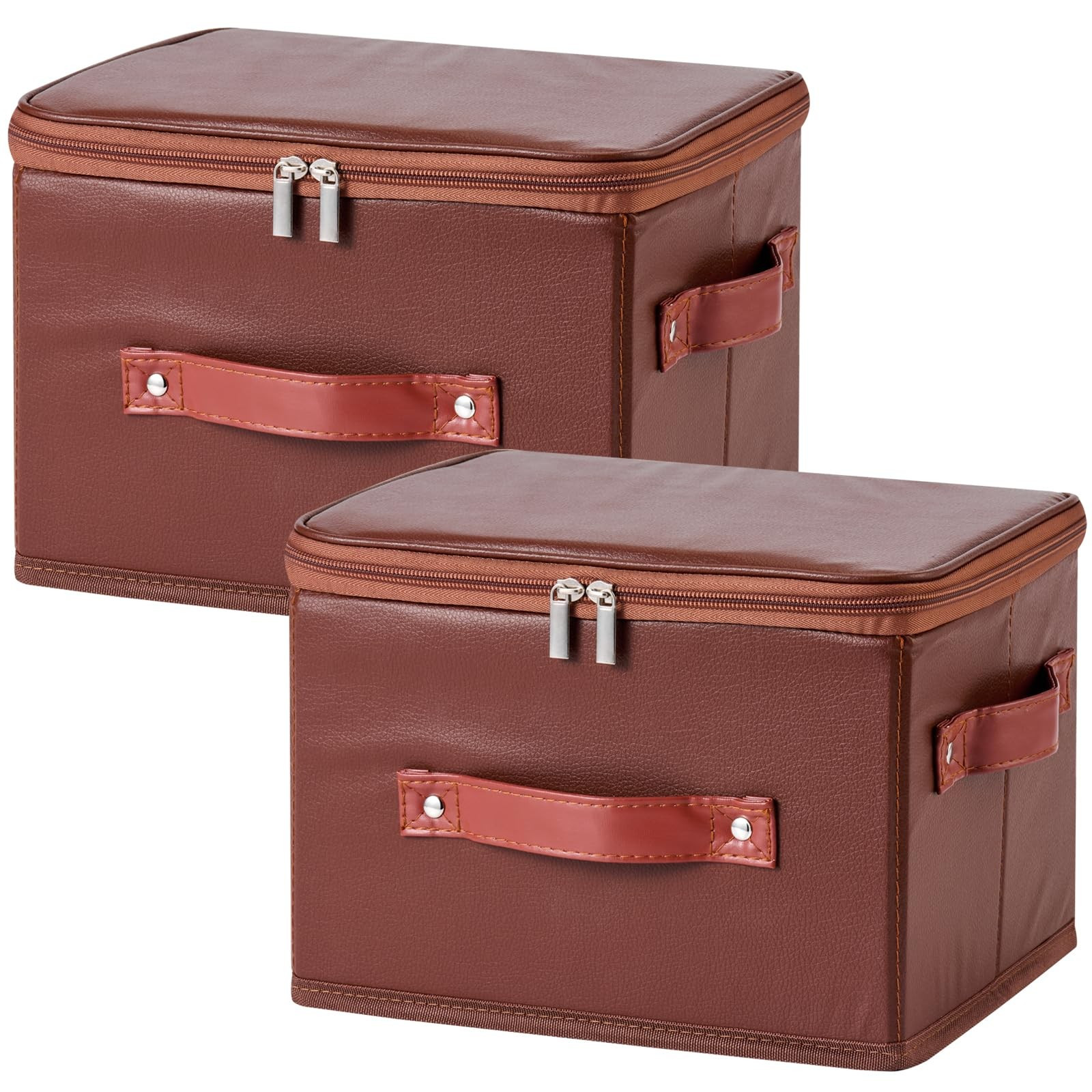 2PCS Storage Bins Boxes with Zipper Lid PU Leather Waterproof Fabric Lidded S...