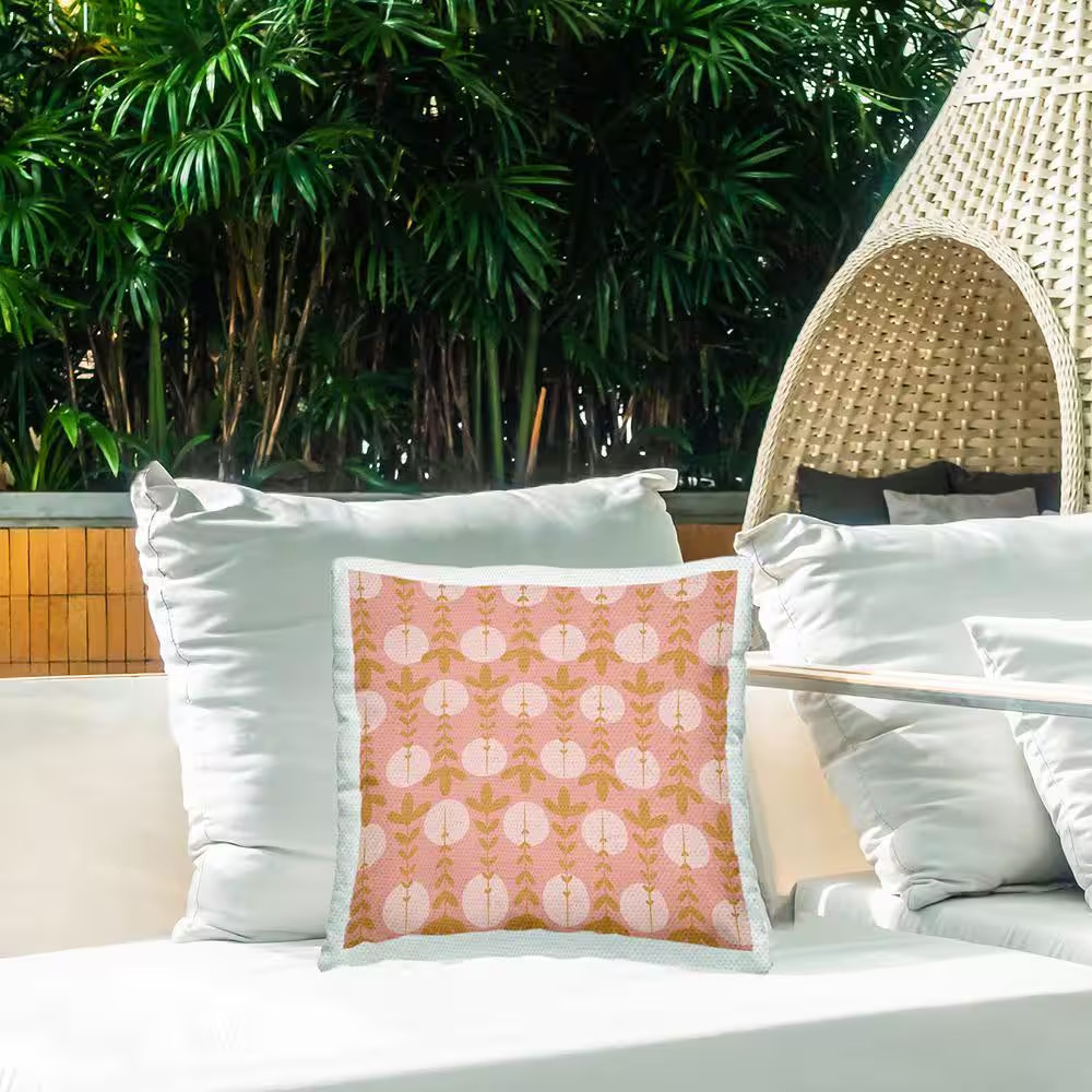 Botanical Leaf Pattern Pink Circle Shapes Pink Square Outdoor Throw Pillow